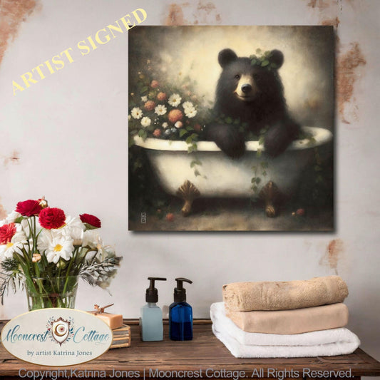 Adorable Black Bear Bathtub Bathroom Signed Art Print