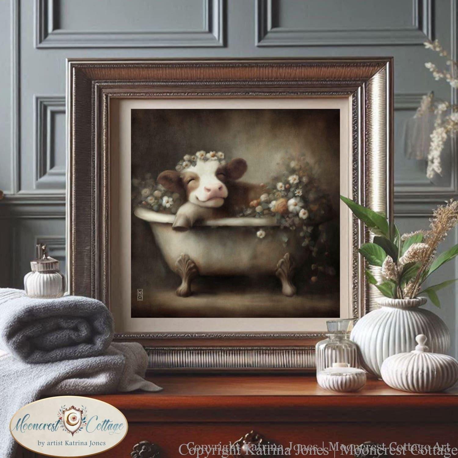 Bathroom Art, Cute Farm Cow Bathtub Painting