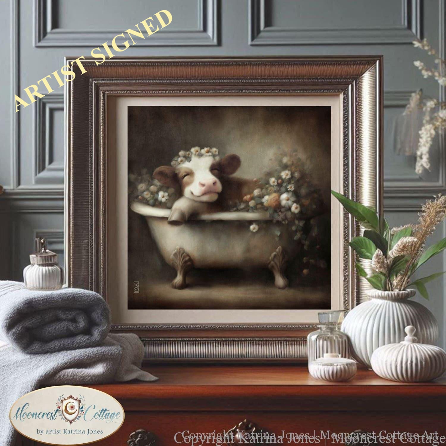 Bathroom Art, Cute Farm Cow Bathtub Painting
