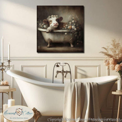 a bathtub with a cow sitting in it