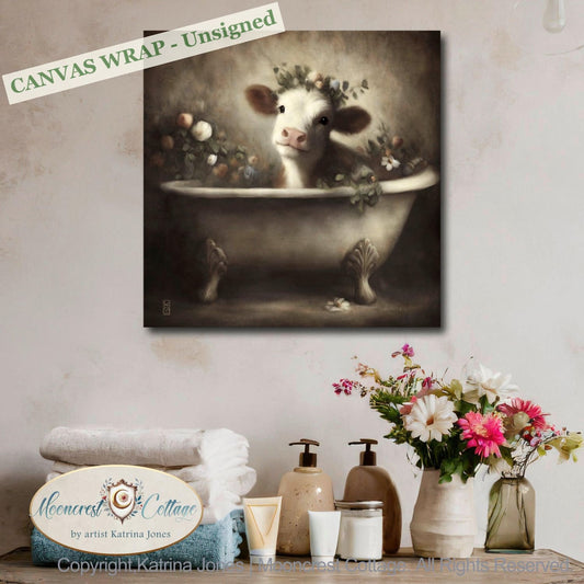 Bathroom Signed Art, Cute Happy Farm Cow Bathtub Painting
