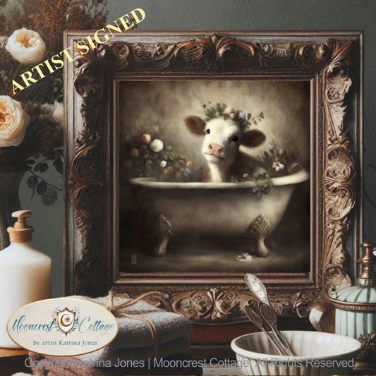 Bathroom Signed Art, Cute Happy Farm Cow Bathtub Painting
