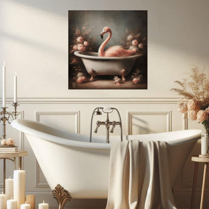 a bathtub with a flamingo painting on the wall