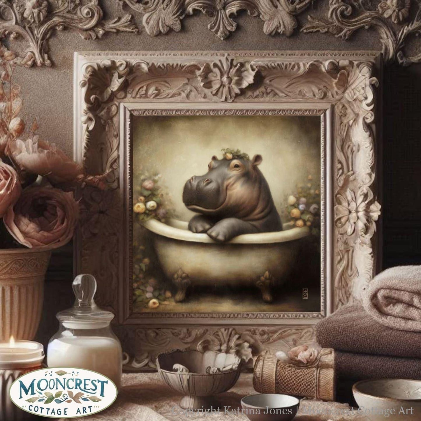 Bathroom Wall Art - Cute Hippo Bathtub Painting