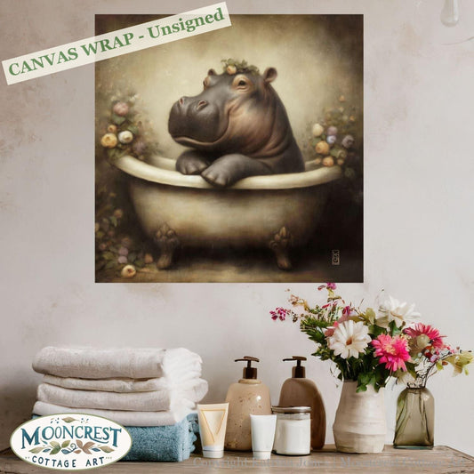 a hippo in a bathtub with flowers in the background