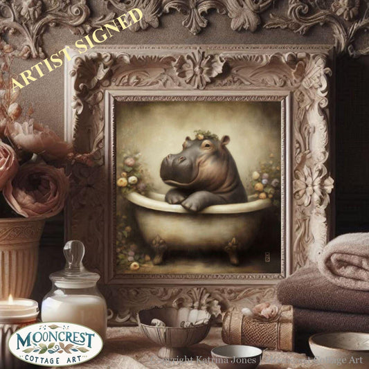 Bathroom Wall Art - Cute Hippo Bathtub Painting