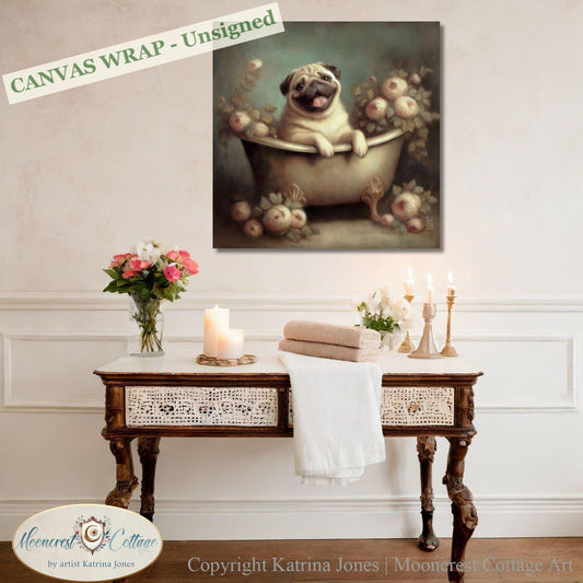 Bathroom Wall Art, Cute Pug In Bathtub Painting