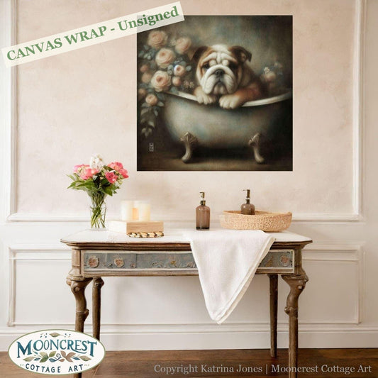 a painting of a bulldog taking a bath in a bathtub