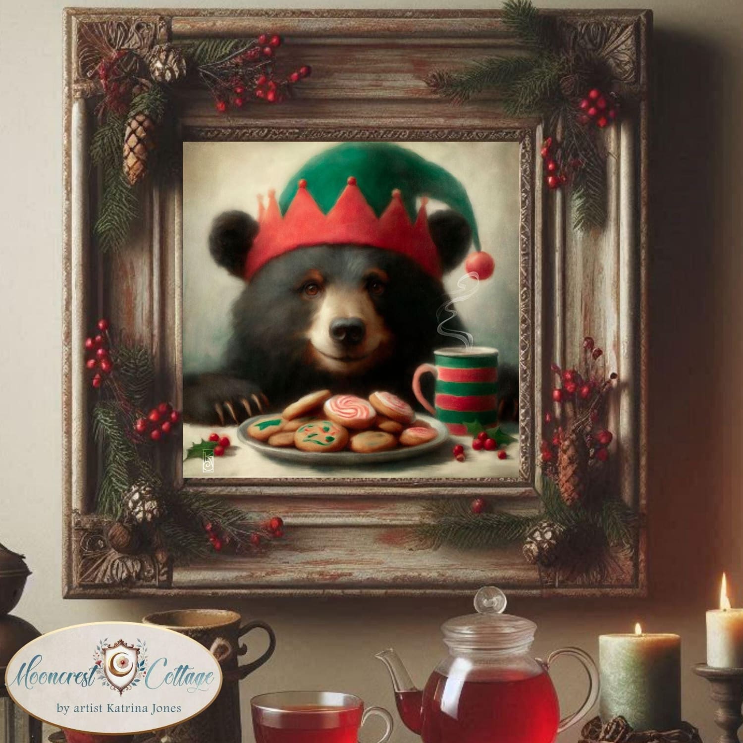 a painting of a bear wearing a christmas hat