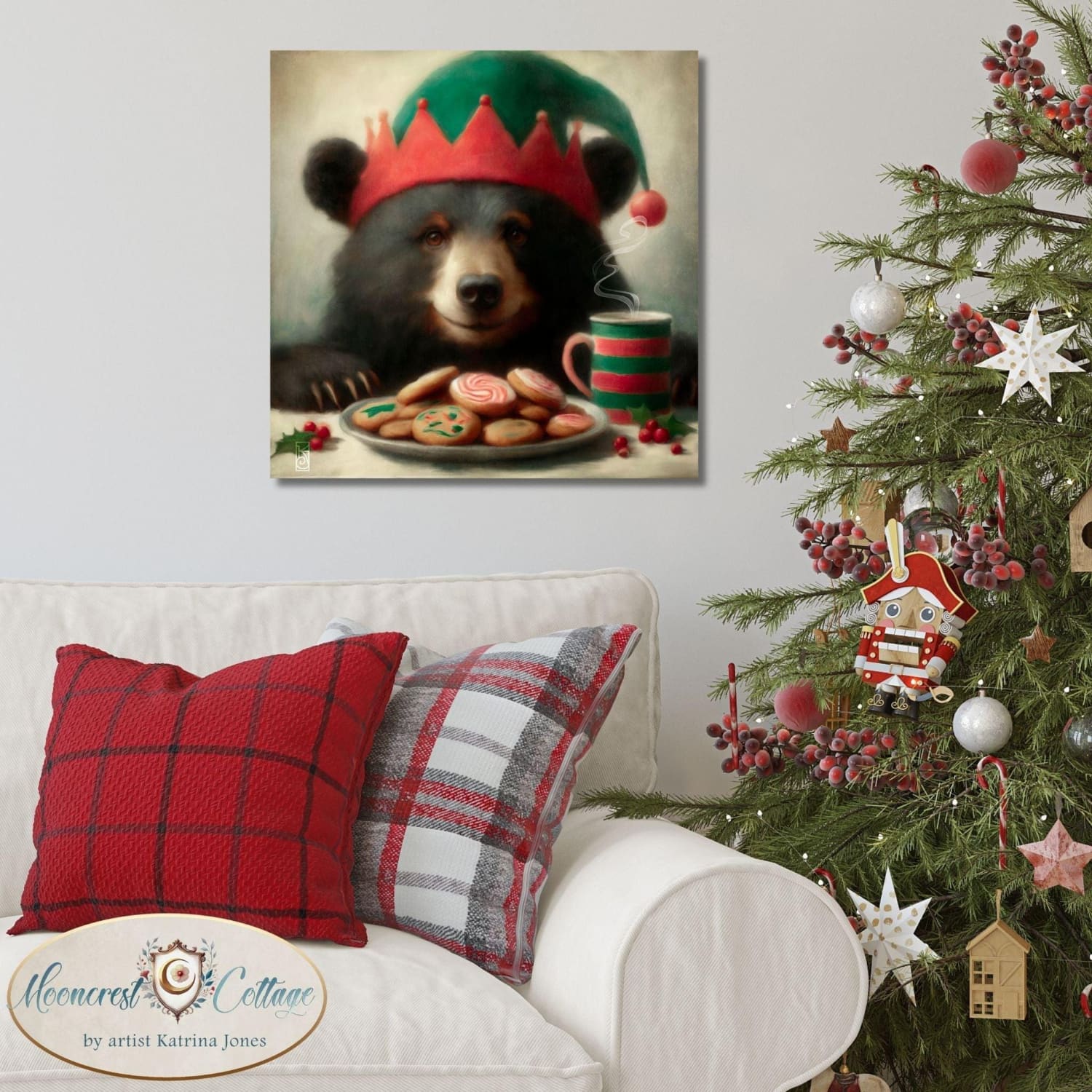 a painting of a bear wearing a christmas hat