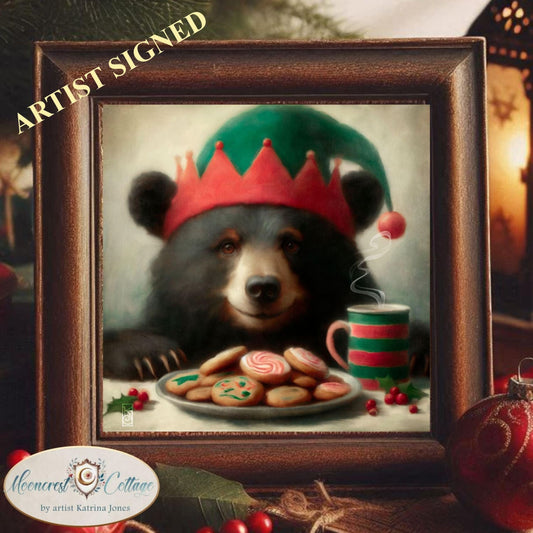 Christmas Art Print, Cute Woodland Animal Bear Painting