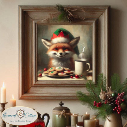 a painting of a fox wearing a santa hat