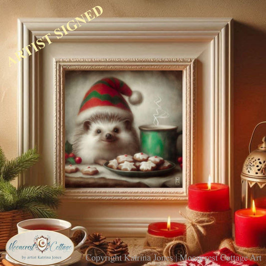 Christmas Art Print, Cute Woodland Animal Hedgehog Painting