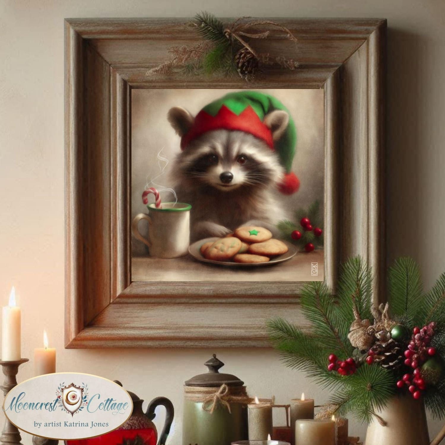 a painting of a raccoon wearing a christmas hat