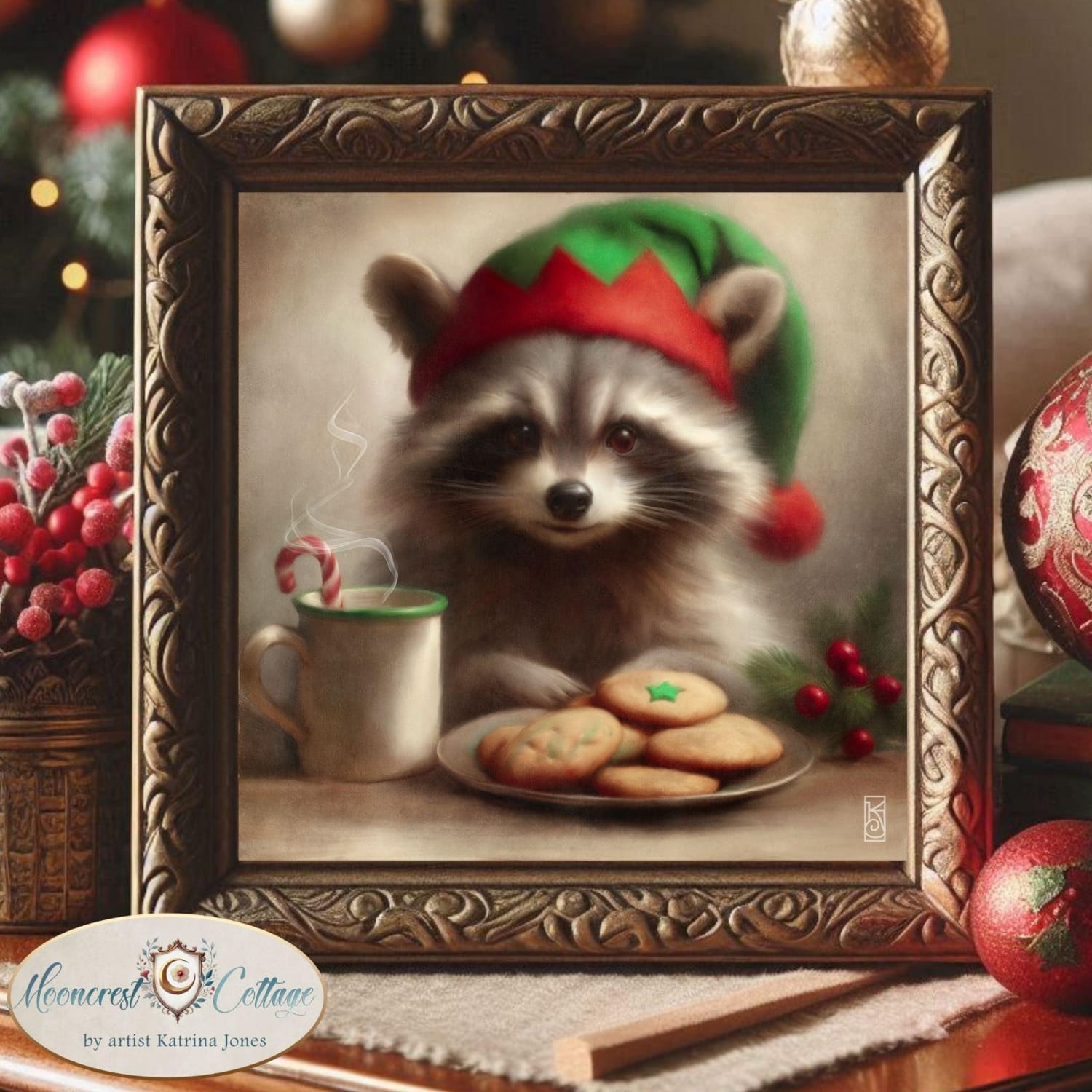 Christmas Art Print, Cute Woodland Animal Raccoon Painting