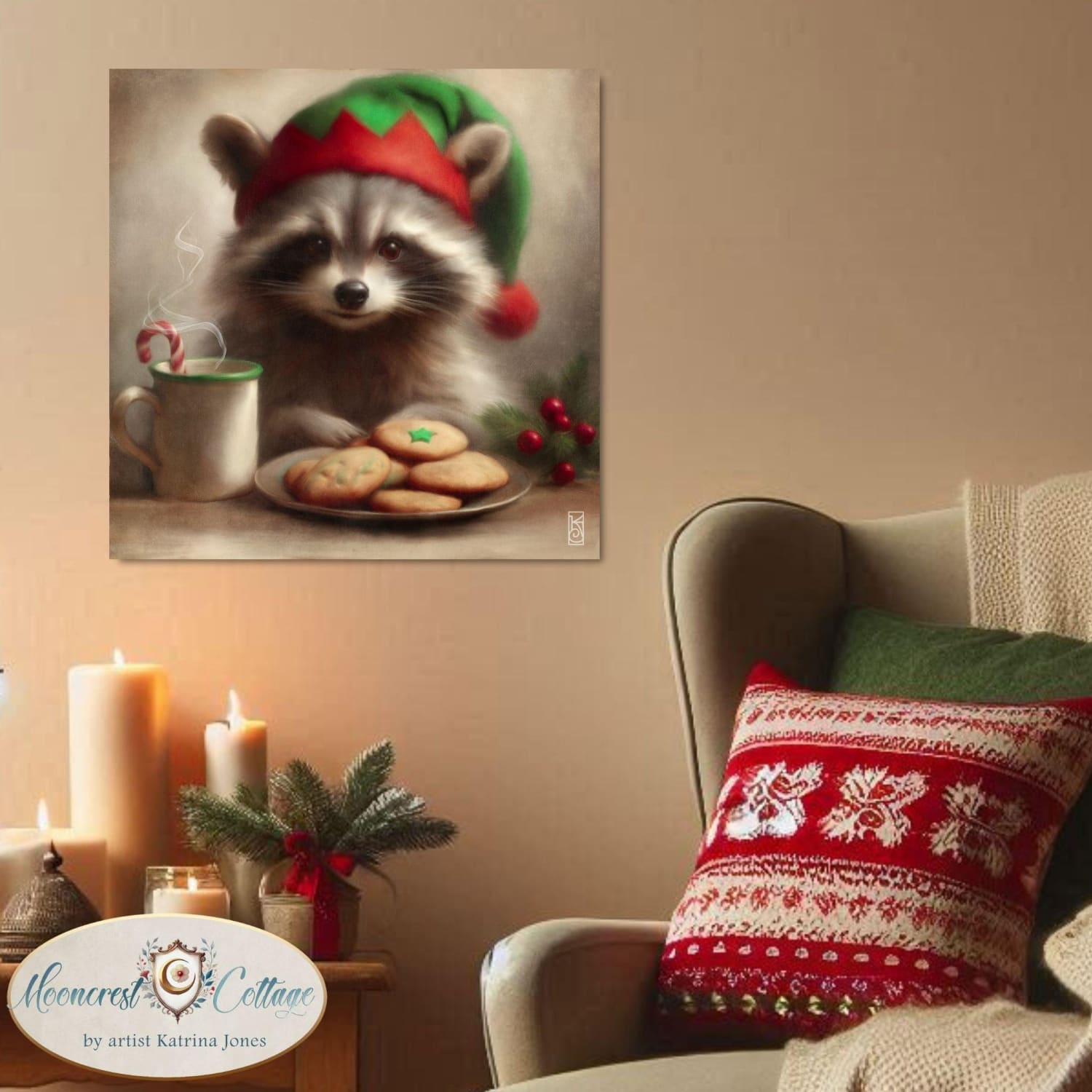 a painting of a raccoon eating cookies