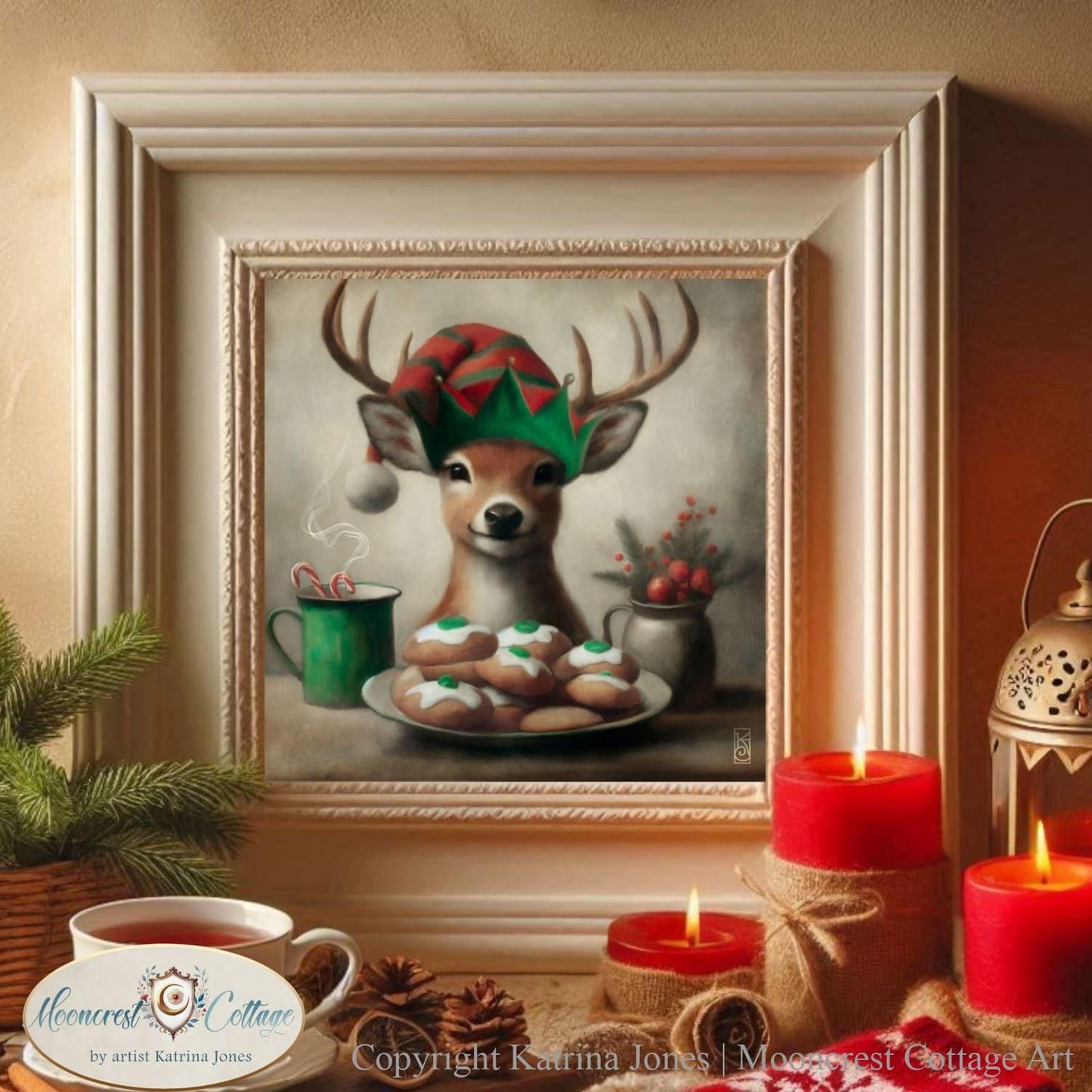Christmas Deer Art Print Cute Painting