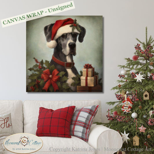 Christmas Wall Art Great Dane Print Portrait Traditional Holiday Decoration Pet Dog Painting Lover