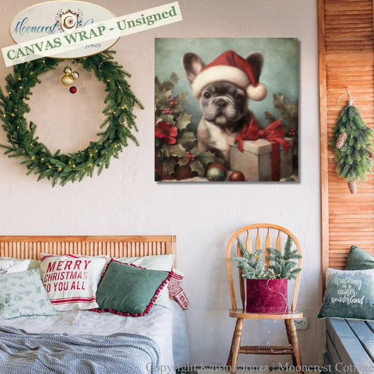 Christmas French Bulldog Art Print Portrait - Traditional Holiday Decor Pet Dog Painting Lover Gift