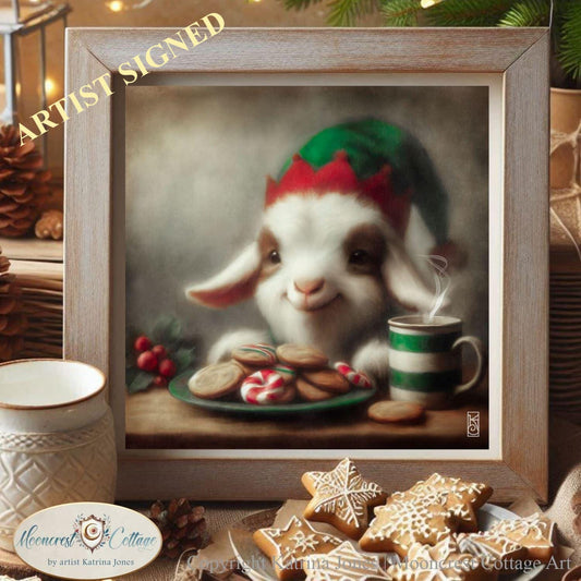 Christmas Goat Art Print, Cute Christmas Goat Painting