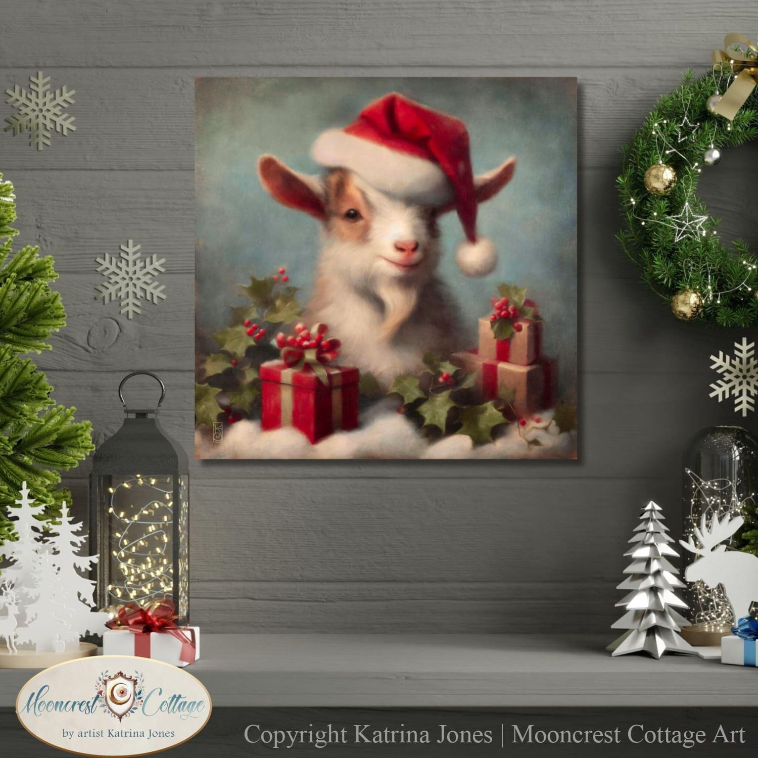 Christmas Goat Art Print - Vintage French Country Farm Holiday Decor Painting