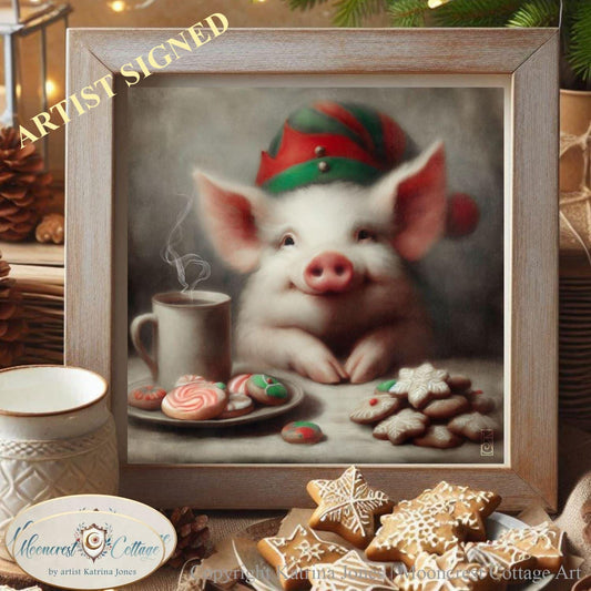 Christmas Pig Art Print, Cute Christmas Farm Pig Painting