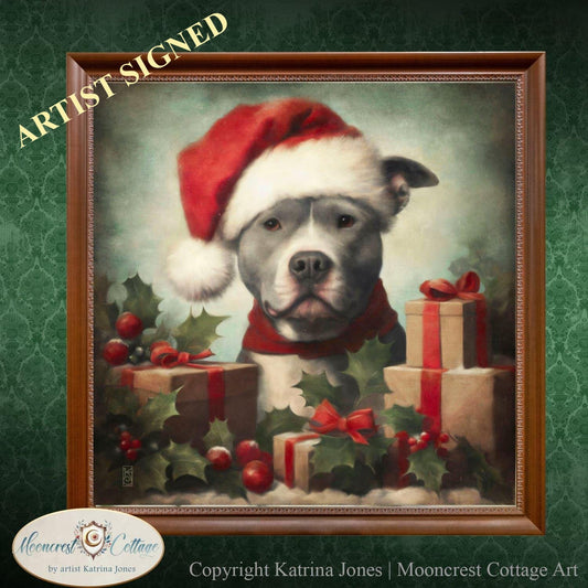 Christmas Pit Bull Art Print Portrait