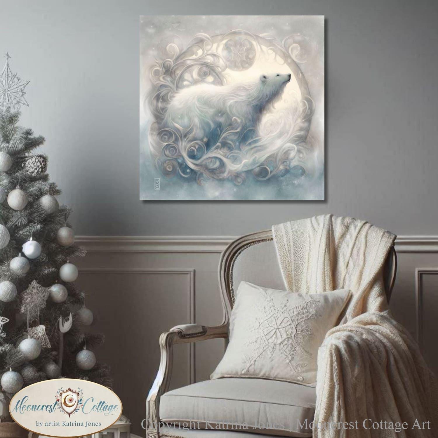 Christmas Polar Bear Art Print Winter White Painting