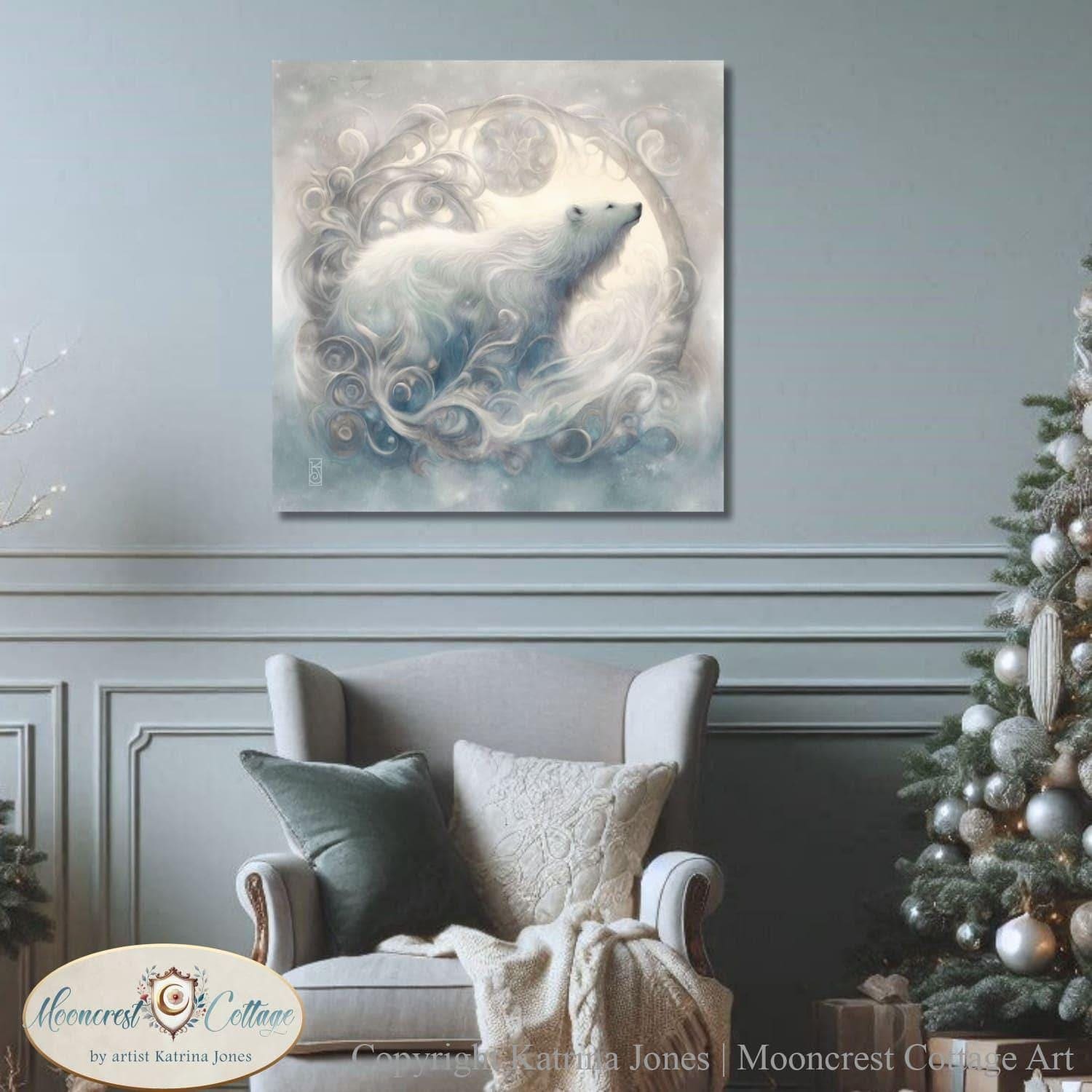 Christmas Polar Bear Art Print Winter White Painting
