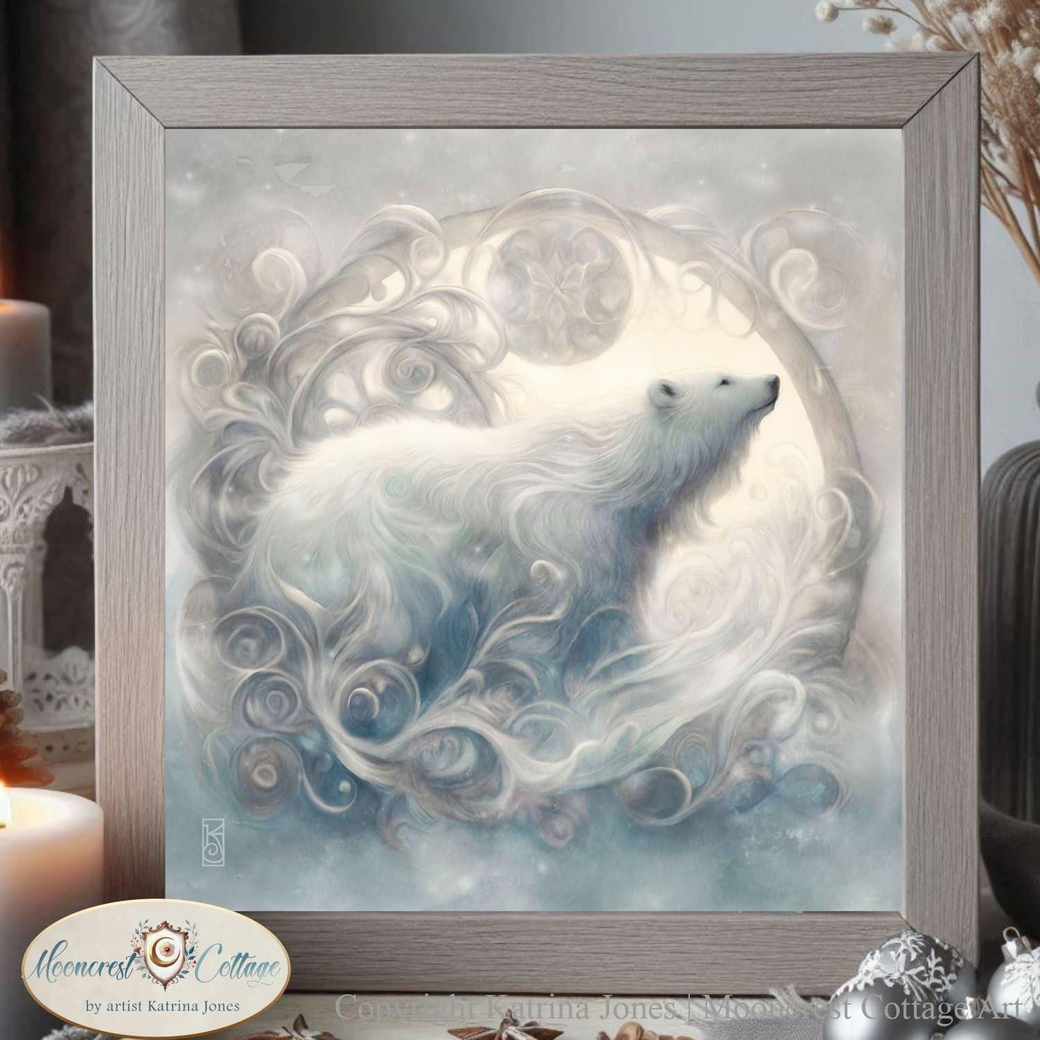 Christmas Polar Bear Art Print Winter White Painting
