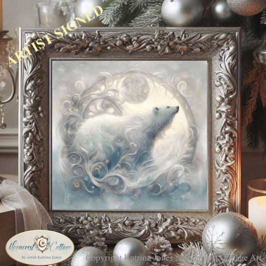 Christmas Polar Bear Art Print, Winter White Bear Painting