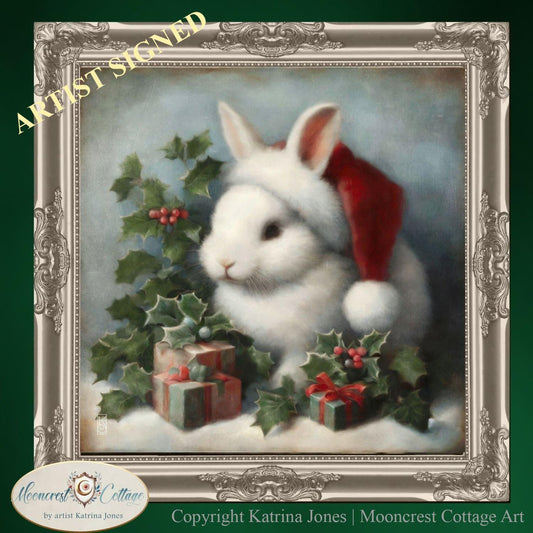 Christmas Rabbit Art Print, Woodland Christmas Painting