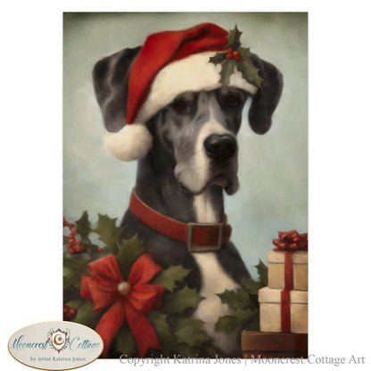 Christmas Santa Great Dane Puppy Greeting Cards - French Country Farm, Winter Holiday