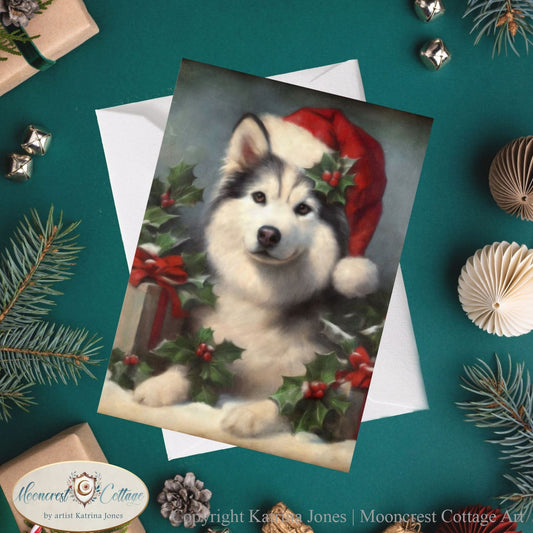 Christmas Santa Husky Puppy Greeting Cards - French Country Farm, Winter Holiday