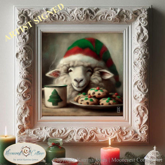 Christmas Sheep Art Print, Cute Christmas Sheep Painting