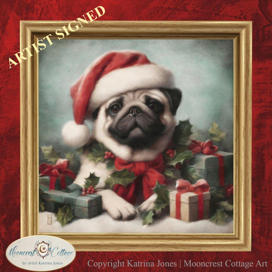 Christmas Wall Art, Christmas Pug Art Print Portrait