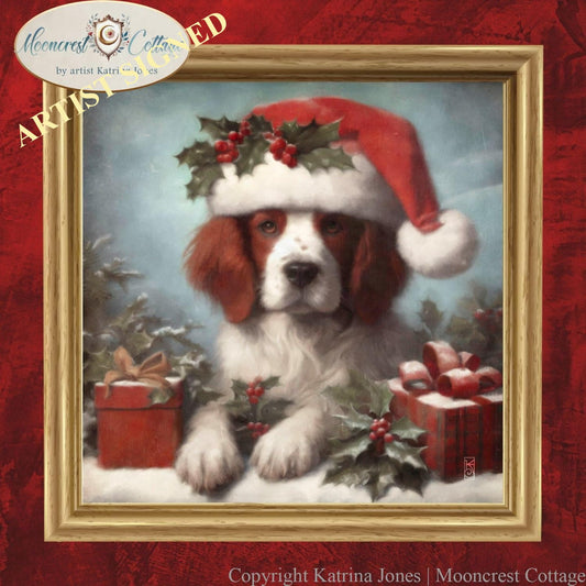 Christmas Wall Art, Christmas Spaniel Dog Art Print Portrait