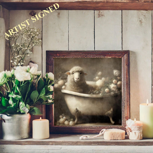 Cute French Country Farmhouse Sheep In Bathtub Painting