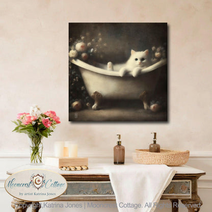 Elegant White Cat Bathtub Bathroom Signed Art Print
