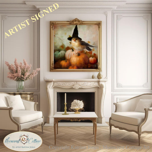 Fall Bird Art Print, Cute Woodland Cottage Decor
