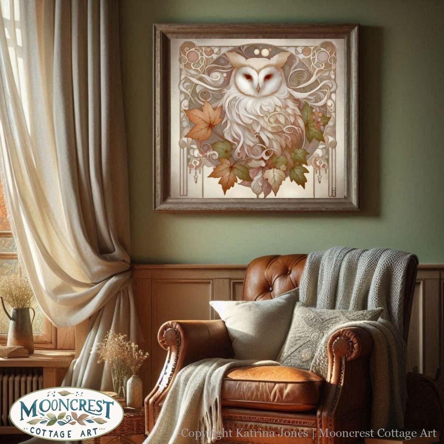 a living room with a chair and a painting on the wall