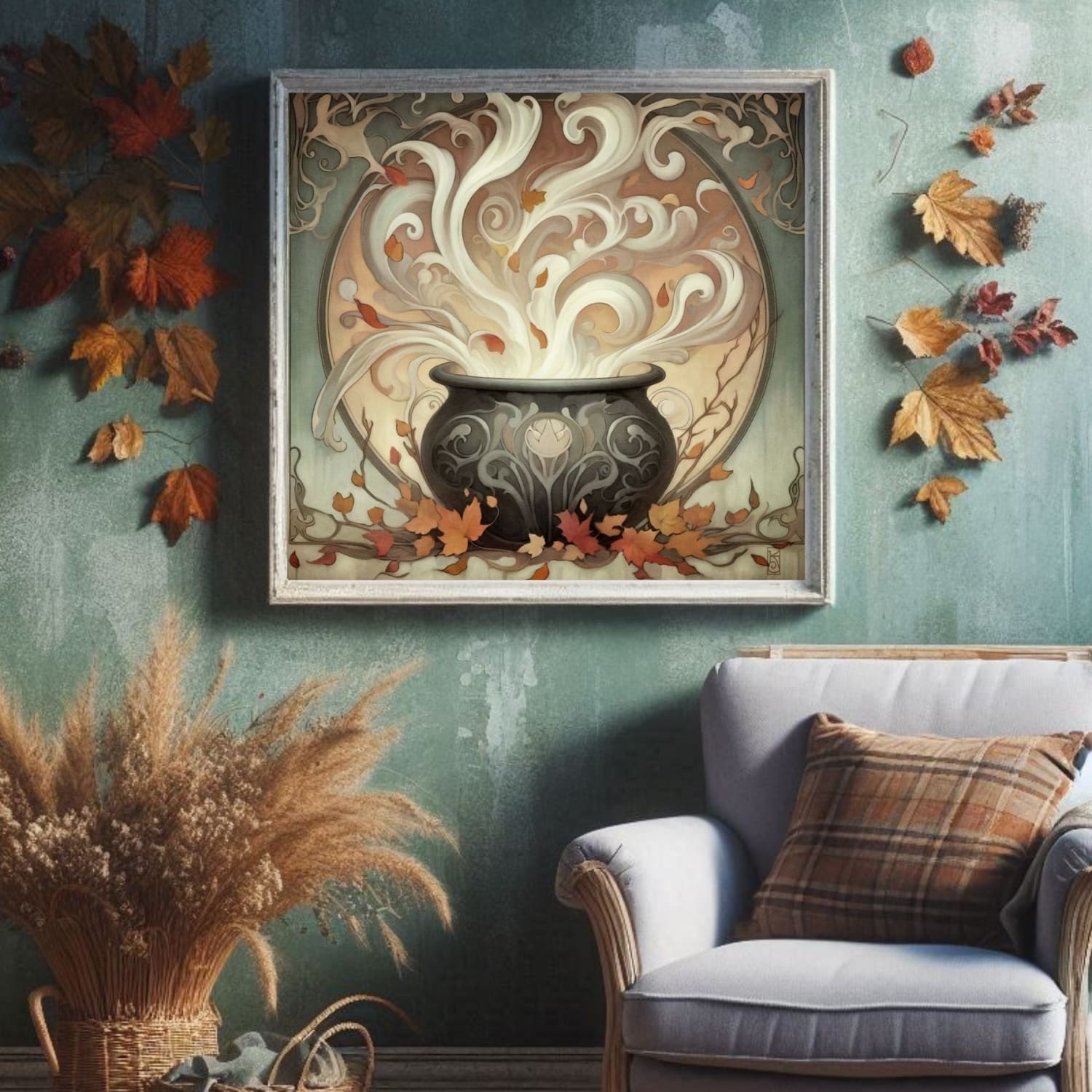 a room with a chair and a painting on the wall