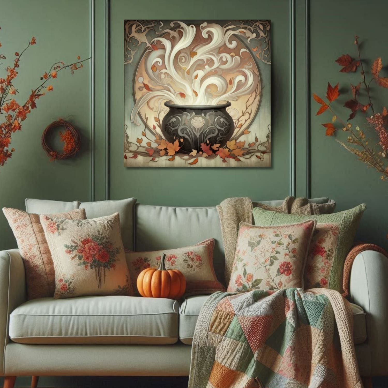 a living room filled with furniture and a painting on the wall