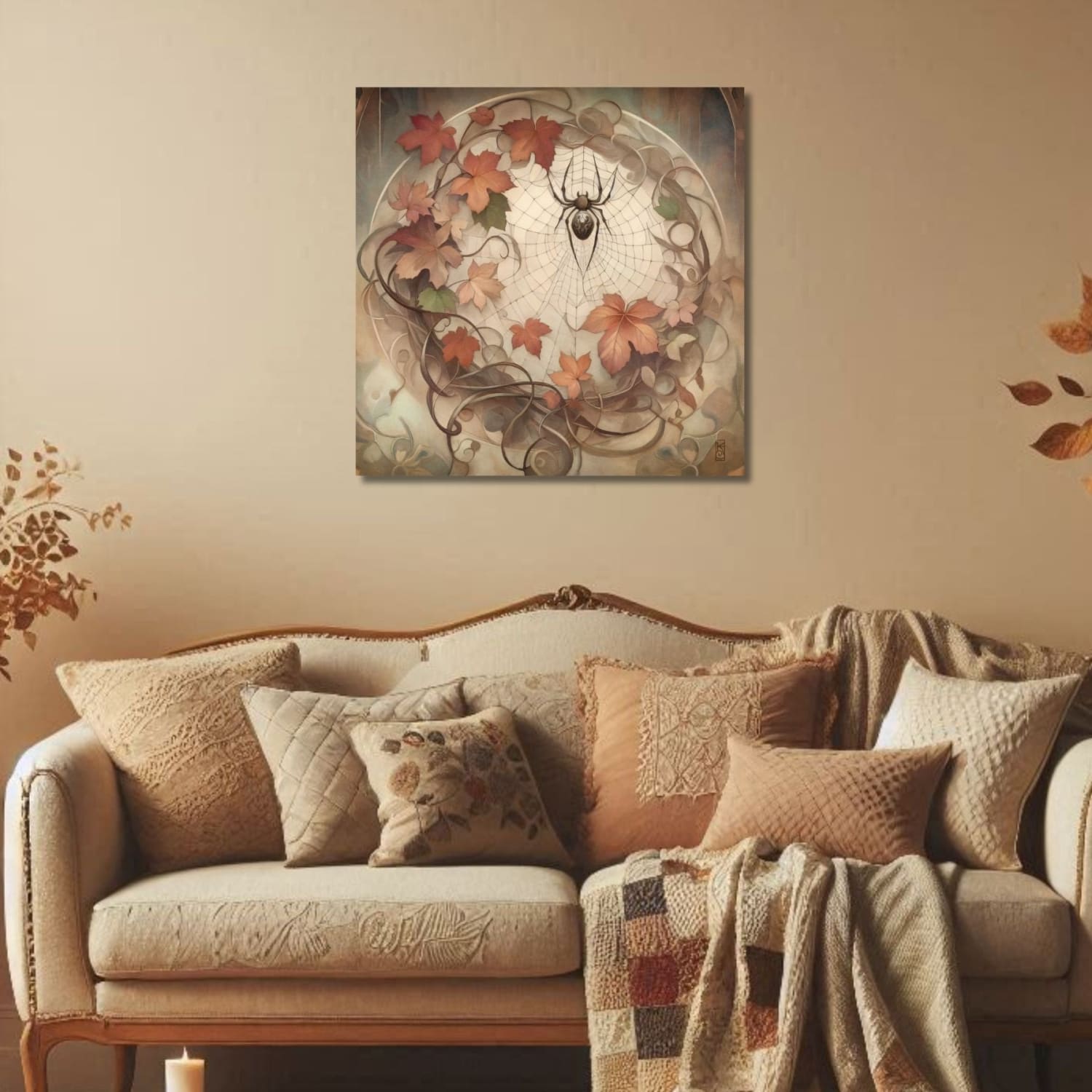 a living room with a couch and a painting on the wall