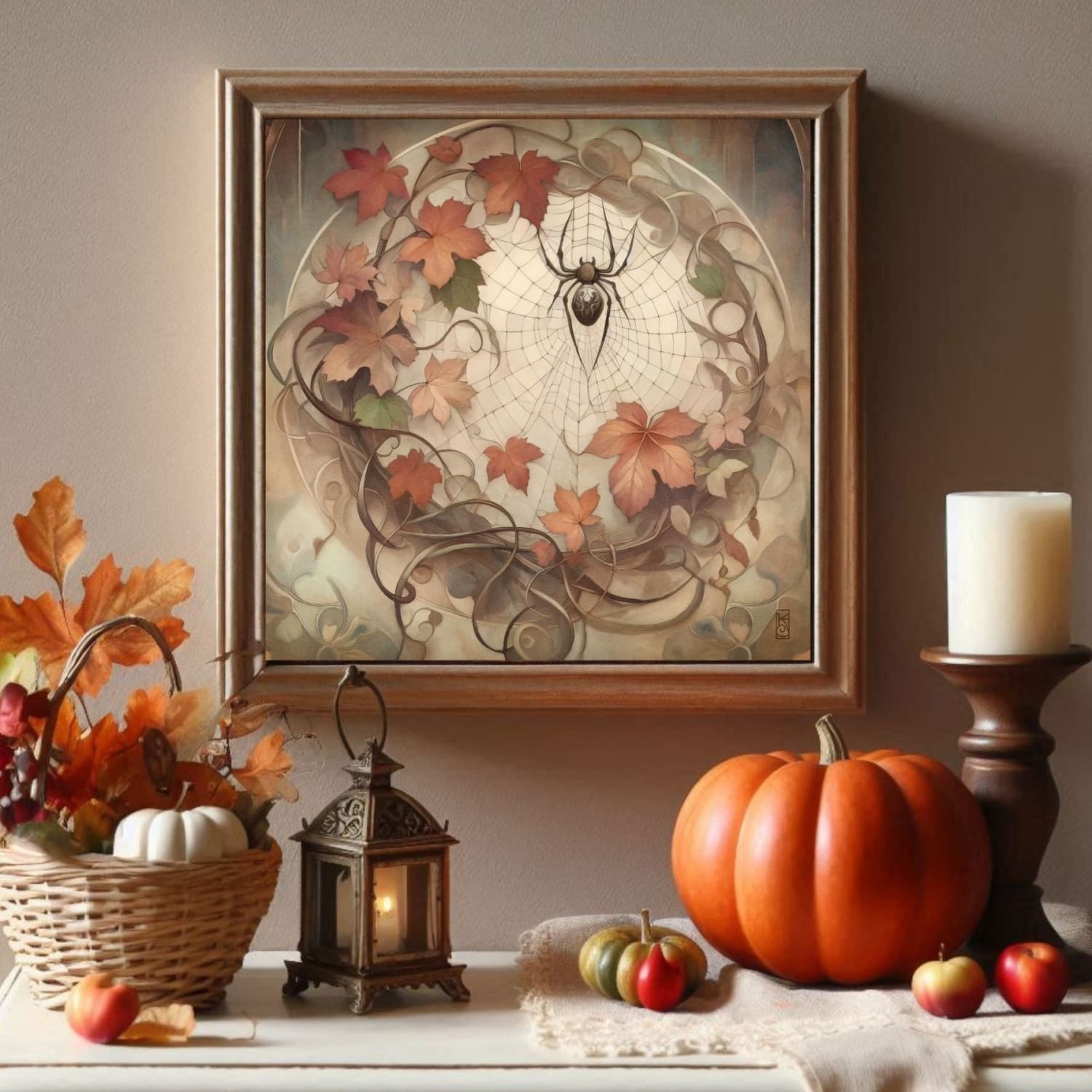 a painting of a clock surrounded by autumn decorations