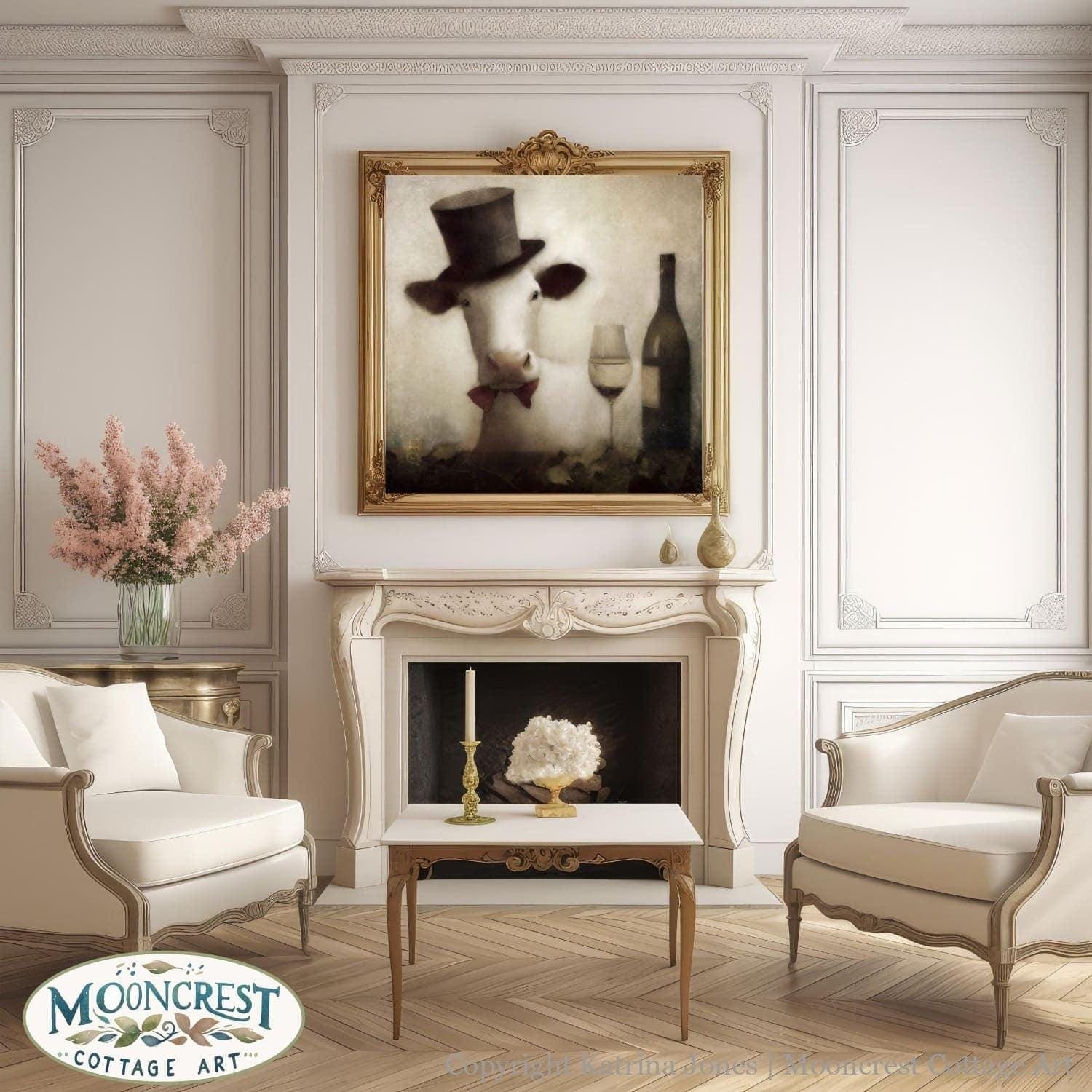 Victorian Vintage Animal Art - Fancy Cow With Wine Painting Farmhouse Cottage Bar Decor