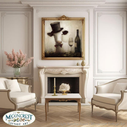 Victorian Vintage Animal Art - Fancy Cow With Wine Painting Farmhouse Cottage Bar Decor