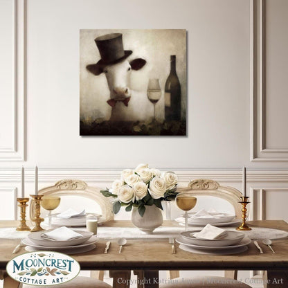 Victorian Vintage Animal Art - Fancy Cow With Wine Painting Farmhouse Cottage Bar Decor