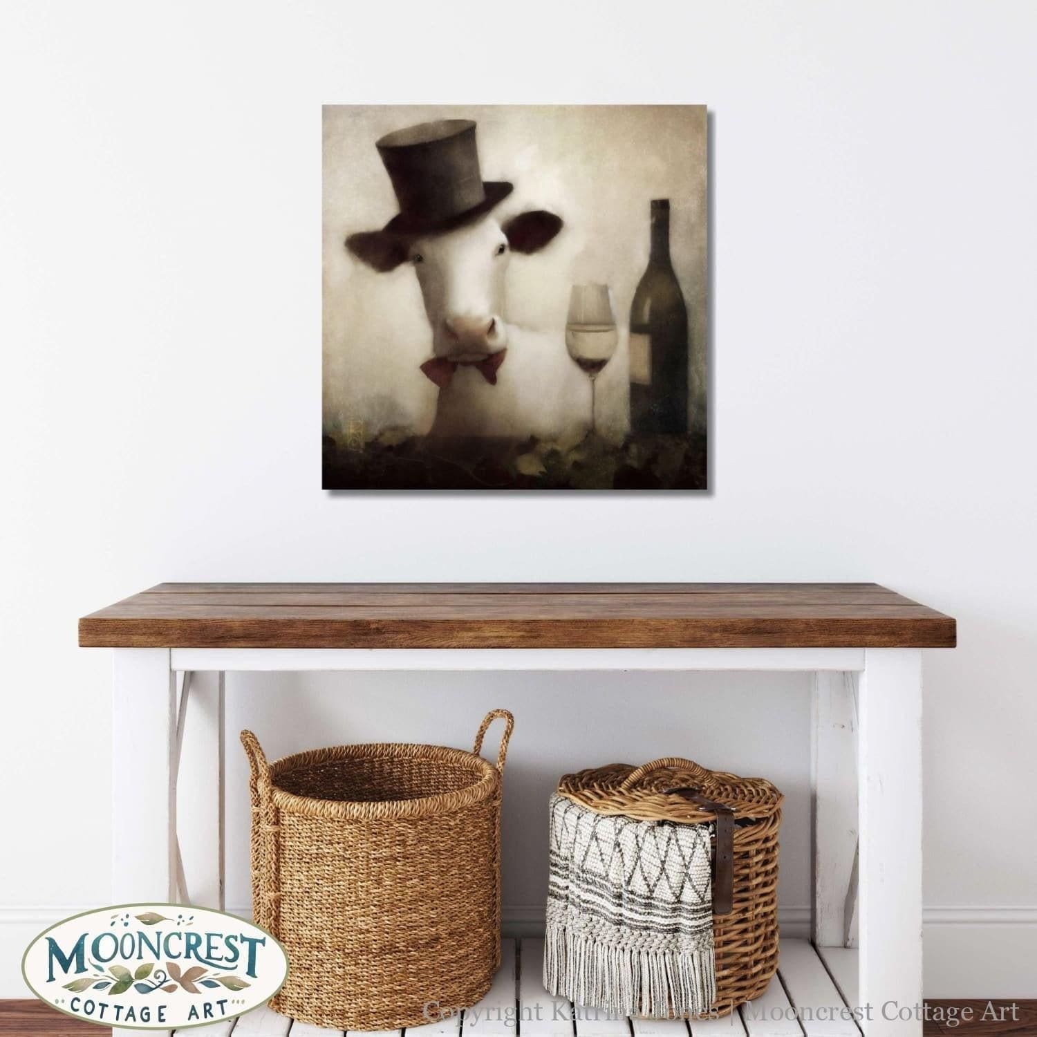 Victorian Vintage Animal Art - Fancy Cow With Wine Painting Farmhouse Cottage Bar Decor