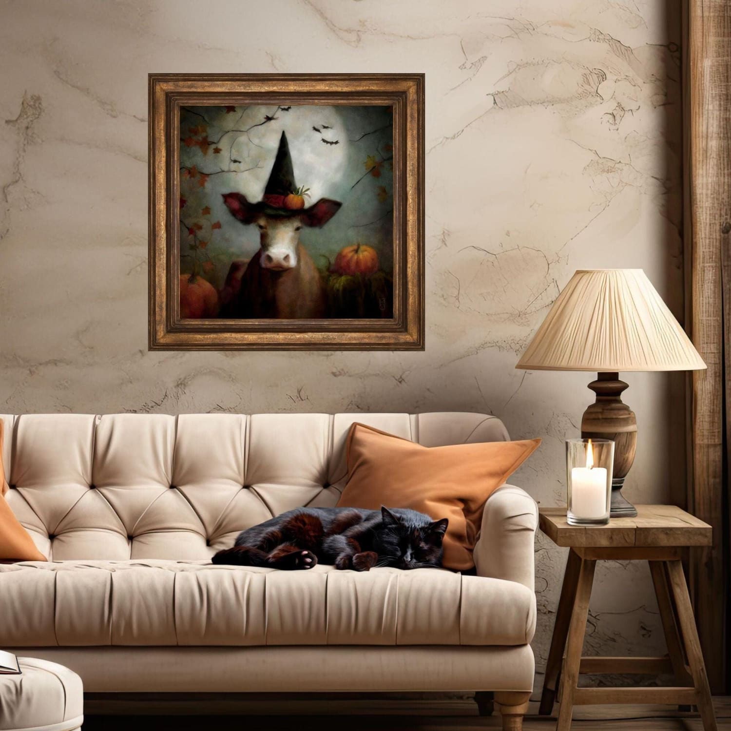 Halloween Art Print Of A Cute Farm Cow In A Witch Hat Painting
